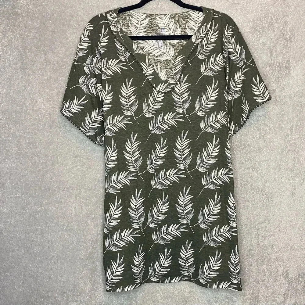 Croft & Barrow Top Womens 3X Green Floral Short Sleeve V Neck Linen Casual P1